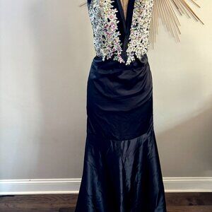 Black Rhinestone Long Feather trimmed gown